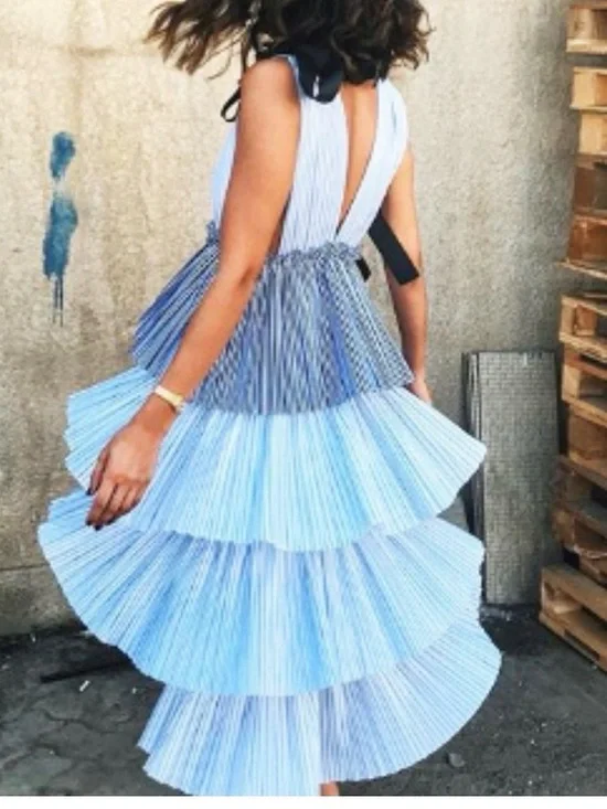 Striped Blue and White Tiered Maxi Dress - Picture 4 of 4